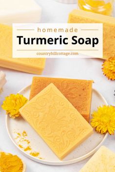 homemade turmeric soap on a plate with flowers