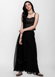 We have got you covered this season with your favourite - black silk Jacquard crop top spaghetti straps with back zip. It has palazzo with side zip styled with black full width net Dupatta with edging side border. Side Border, Ladies Suits, Black Shawl, Salwar Kameez Online, Scalloped Dress, Chevron Dress