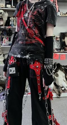 Cool Emo Outfits Male, Red Punk Outfits Aesthetic, Alt Punk Fashion, Red Emo Outfits Male, Scene Punk Outfits, Fem Guy Outfits, Scene Aesthetic Outfits Male, Vkei Outfits Masc, Alt Outfit Ideas Masc