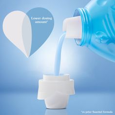 a blue bottle pouring water into a white cup with the words lower doing amount below it