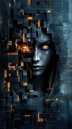 a woman's face with yellow eyes surrounded by cubes and buildings in the background