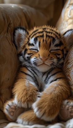 a small tiger cub laying on top of a couch