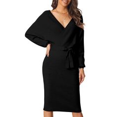 Introducing the Seta T Women's Deep V Neck Wrap Lantern Sleeve Belted Bodycon Mini Sweater Dress. This dress boasts a fashionable design with a deep V-neck, wrap feature, batwing long sleeves, belted waistline, and a bodycon fit that creates a feminine silhouette. Its elegant style is perfect for those who want to make a statement and turn heads wherever they go. The dress is available in a variety of colors, making it versatile and easy to style according to your unique taste. Batwing Sleeve Sweater, Wrap Sweater Dress, Sweater Dress Black, Midi Sweater Dress, Sweater Dress Casual, Mini Sweater, Knit Wrap Dress, Elegant Sweater, Long Sleeve Knit Dress