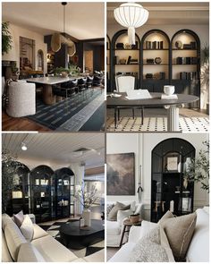 a collage of photos with furniture and decor in different rooms, including a dining room