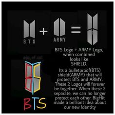 an advertisement for the bts logo and army logos are shown in two different font styles