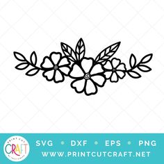 a flower svg file with leaves and flowers on the side, in black and white