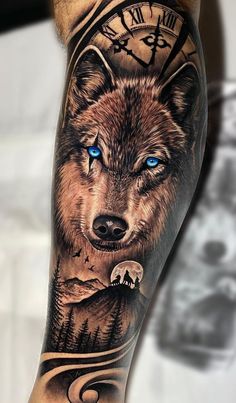 a man's arm with a wolf and clock tattoo on it, which has blue eyes