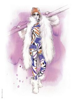 a watercolor painting of a woman in colorful clothing and fur coat with ski poles