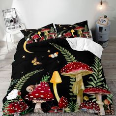 a bed with mushrooms and plants on it