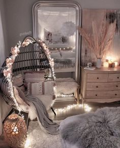 a bedroom decorated with lights and fur rugs