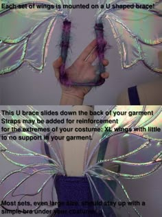 the instructions for how to make a purple and silver costume with wings on it, in front of a white wall