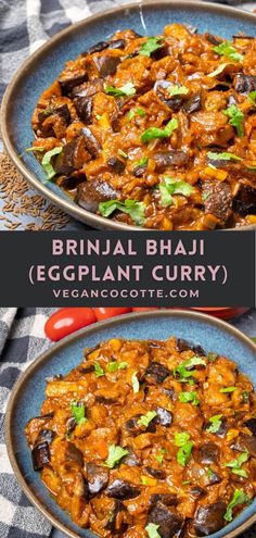 an eggplant curry in a blue bowl on a checkered table cloth with the words, brinnal bhaji eggplant curry