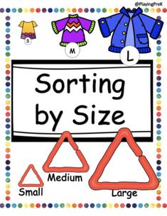 sorting by size poster with different shapes and sizes for children's clothing, including an umbrella