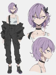 an anime character with purple hair wearing black pants and white t - shirt, while she has