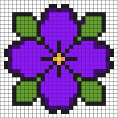 a purple flower with green leaves is shown in the middle of a cross stitch pattern