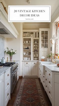 a kitchen with white cabinets and an area rug