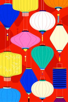 many colorful lanterns are hanging from strings on a red background with yellow and blue ones