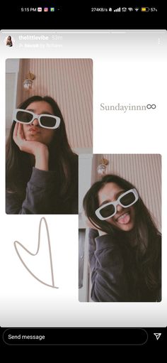 a woman wearing sunglasses with the words sundayinno on it