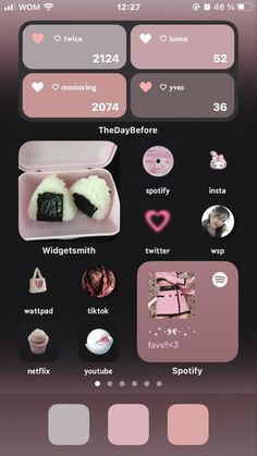 an iphone screen with pink and black items on it, including two sushi dishes