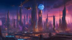 futuristic cityscape with spaceships flying over them at night