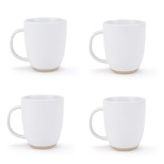 four white coffee mugs sitting next to each other