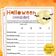 a printable halloween party game with bats and pumpkins on the side, in front of an orange background