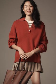 Reformation Brooklyn Polo Sweater | Anthropologie Rich Girl Fashion, Knit Circle, The Reformation, Sweater Polo, Oversized Sweater Women, Red Fits, Polo Sweater, Women's Sweaters, Cotton Pullover