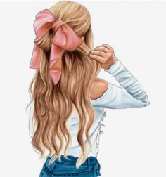 a drawing of a girl with long hair and a pink bow on her head is shown