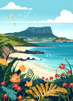 an image of a beach scene with flowers and mountains in the backgroung