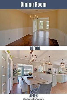 before and after pictures of a dining room with white walls, wood flooring and an open kitchen area