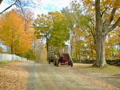 an old truck driving down a dirt road in the fall with leaves on the ground