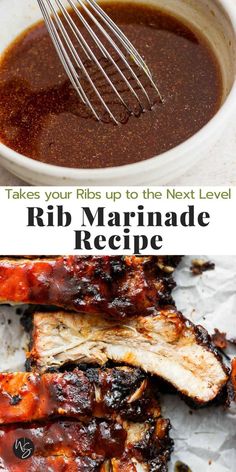 ribs with bbq marinade sauce in a white bowl next to the recipe title