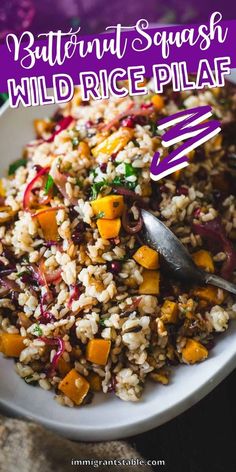 a white plate topped with rice and veggies next to a purple background text reads, butternut squash wild rice pilaf