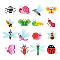 many different kinds of bugs and insects on a white background