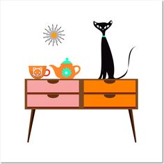 Mid Century cat with a cup of tea perched on a retro table. -- Choose from our vast selection of art prints and posters to match with your desired size to make the perfect print or poster. Pick your favorite: Movies, TV Shows, Art, and so much more! Available in mini, small, medium, large, and extra-large depending on the design. For men, women, and children. Perfect for decoration. Mid Century Cat Art, Lisa Williams, Mid Century Cat, Table Wall, Retro Table, A Cup Of Tea, Space Cat, Cup Of Tea, Mid Century Design