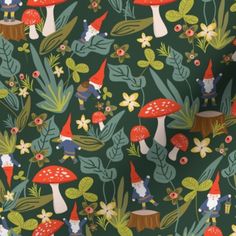 a green background with gnomes and mushrooms