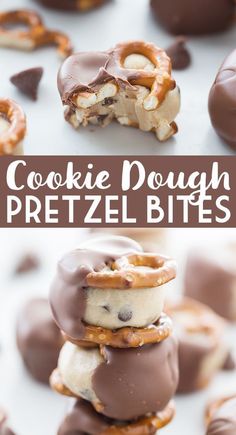 chocolate covered pretzel bites stacked on top of each other with the words cookie dough pretzel bites above them