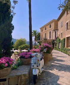 a scooter parked on the side of a road next to flowers and trees