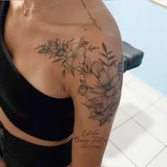 Left Side Chest Tattoo Female, Lawyer With Tattoos, Shoulder Female Tattoo, 3 Different Flowers Tattoo, Side Leg Flower Tattoo, Carnation Shoulder Tattoo, 4better 4worse 4life Tattoo, Roses Tattoo Women, Flattering Tattoo Placement