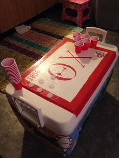 Mini beer pong! Velcro on cups and cooler so they don't fall off. Theta chi fraternity cooler. Mini Beer Pong, Parking Lot Party, Theta Chi