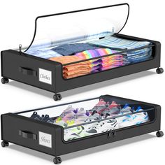 two black drawers with clothes in them on wheels