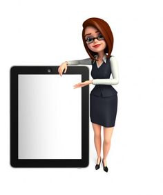 a woman in business attire is holding up a tablet computer with a blank screen on it