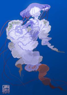 jellyfish swimming in the blue water with their tails curled up