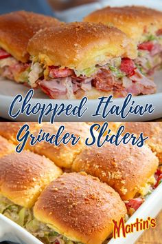 two plates with sandwiches on them and the words chopped italian grinder sliders