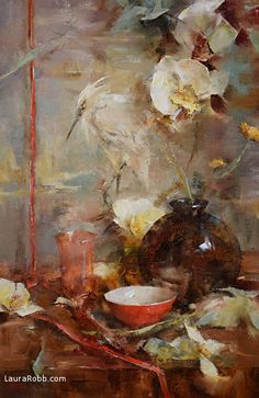 a painting of white flowers in a vase on a table with other items around it