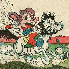 an old children's book with cartoon characters riding on the back of a horse