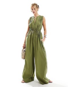 ASOS DESIGN shirred shoulder tie waist wide leg jumpsuit in khaki | ASOS Wide Leg Jumpsuit Lulus, Jumpsuit With Shaw, Wide Belts For Jumpsuit, Jumpsuit Hm, Green Wide-leg Jumpsuits And Rompers For Spring, Green Linen Jumpsuit, Green Sleeveless Cotton Jumpsuit, Green V-neck Cotton Jumpsuits And Rompers, Green Wide-leg Jumpsuits And Rompers With Pockets