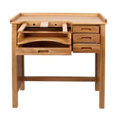 a wooden desk with two drawers and one drawer open