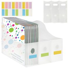 a binder with different colored dots on it and two dividers for each side