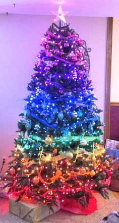 a brightly lit christmas tree with presents under it